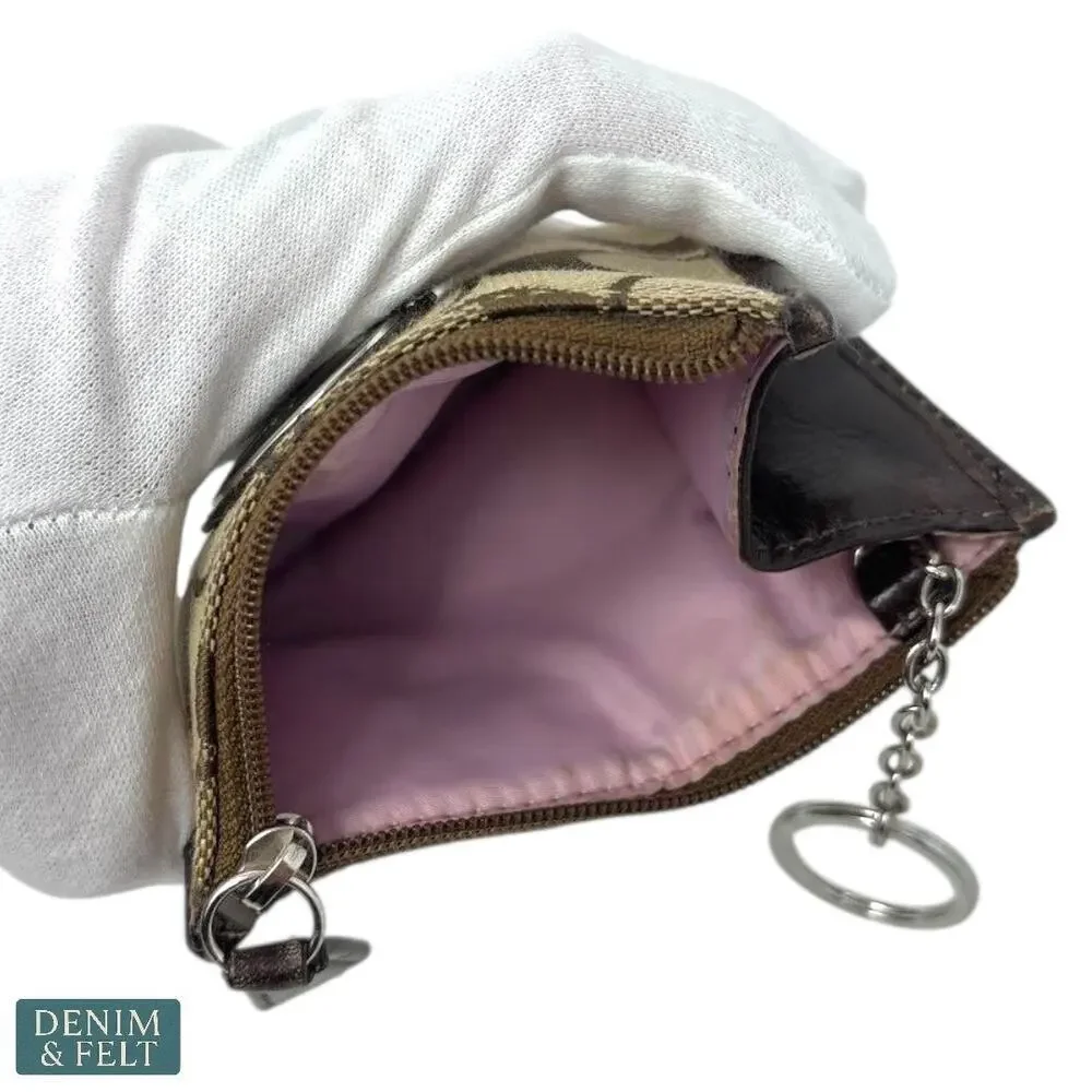 Coach‎ Signature Canvas Zip Coin Pouch with Pink Lining & Key Ring Chain